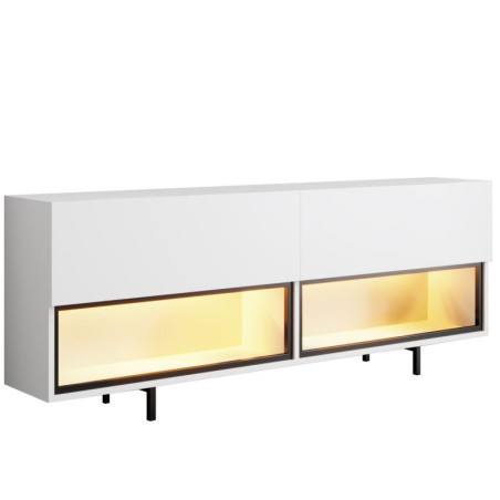 Meuble TV Bois MDF mélaminé blanc - L180 x H67 x P32 cm - Éclairage LED - Pieds métal