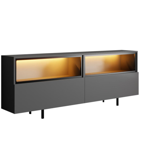 Meuble TV Bois MDF mélaminé anthracite - L180 x H67 x P32 cm - Éclairage LED - Pieds métal