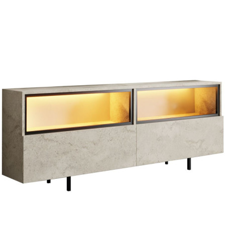 Meuble TV Bois MDF mélaminé effet travertin - L180 x H67 x P32 cm - Éclairage LED - Pieds métal
