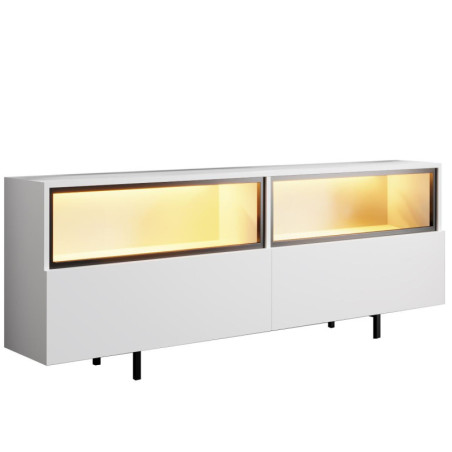 Meuble TV Bois MDF mélaminé blanc - L180 x H67 x P32 cm - Éclairage LED - Pieds métal