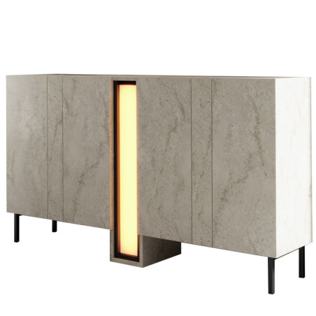 Console Meuble d'entrée Bois MDF mélaminé effet travertin - L155 x H85 x P32 cm - LED RGB - Pieds métal