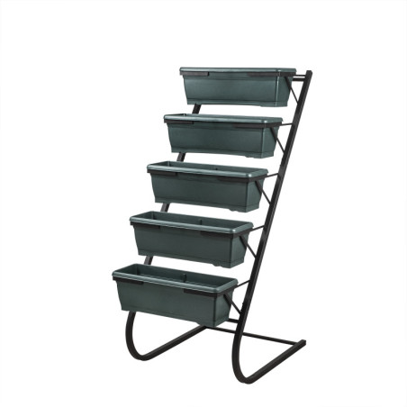 Porte-plantes jardinière en métal vert foncé et noir - L56 x H130 x P85 cm - 5 pots inclus