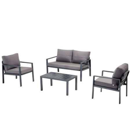 Salon de jardin en métal et tissu oléfine anthracite avec canapé, 2 fauteuils et table basse