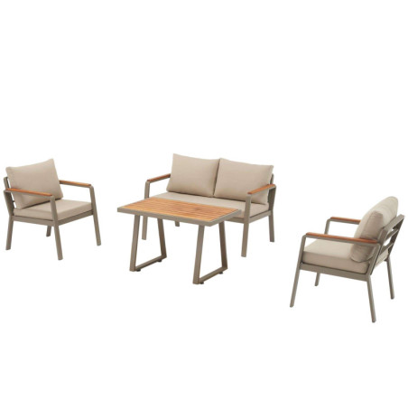 Salon de jardin en métal et tissu oléfine beige avec canapé, 2 fauteuils et table basse