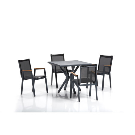 Salon de jardin 5 pièces en aluminium gris et noir avec table et 4 chaises, charge 250 kg