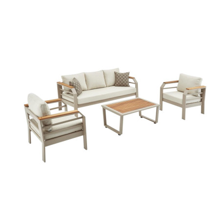 Salon de jardin en aluminium et tissu oléfine beige avec canapé 3 places, 2 fauteuils et table basse