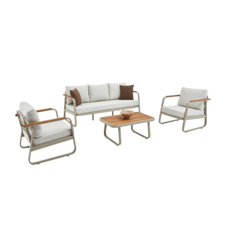 Salon de jardin en aluminium et tissu oléfine beige avec canapé 3 places, 2 fauteuils et table basse