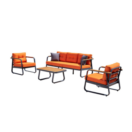 Salon de jardin en aluminium, acrylique et bois d'iroko orange avec canapé, 2 fauteuils et table basse