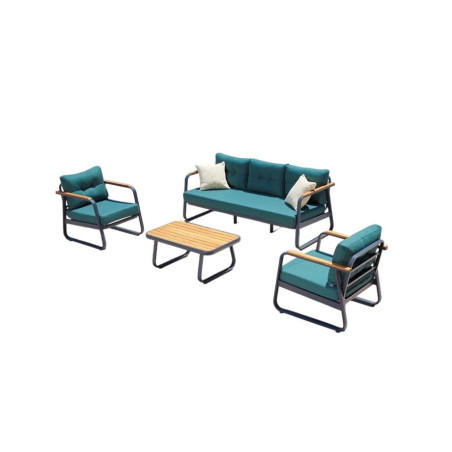 Salon de jardin en aluminium, acrylique et bois d'iroko bleu pétrole avec canapé et table basse