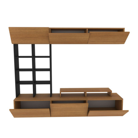 Ensemble meuble TV en panneau mélaminé teck et noir avec étagère murale et armoire