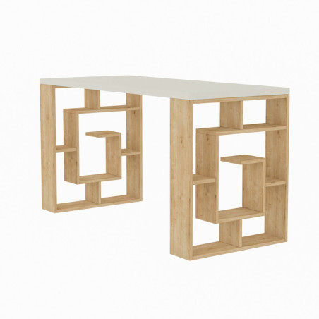 Bureau d'étude en panneau mélaminé blanc et chêne 140 x 75 x 60 cm