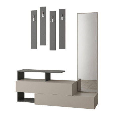 Meuble d'entrée vestiaire en panneau mélaminé moka clair et anthracite avec miroir