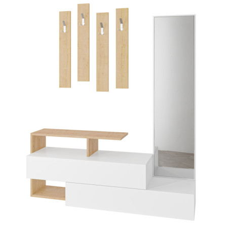 Meuble d'entrée vestiaire en panneau mélaminé blanc et chêne avec miroir