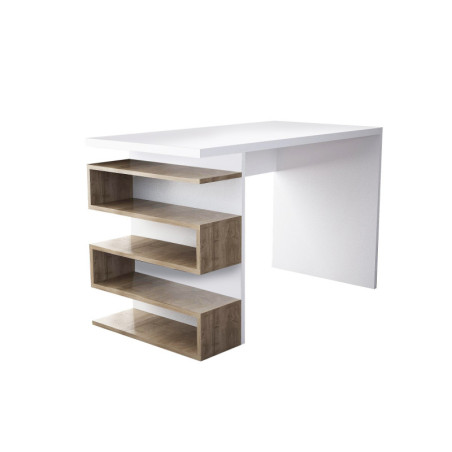 Bureau d'étude en panneau mélaminé blanc et noyer 120 x 75 x 60 cm avec étagère