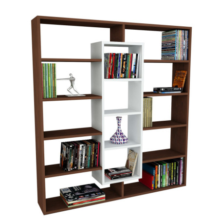 Grande bibliothèque en panneau mélaminé wengé et blanc 125 x 135,7 x 22 cm
