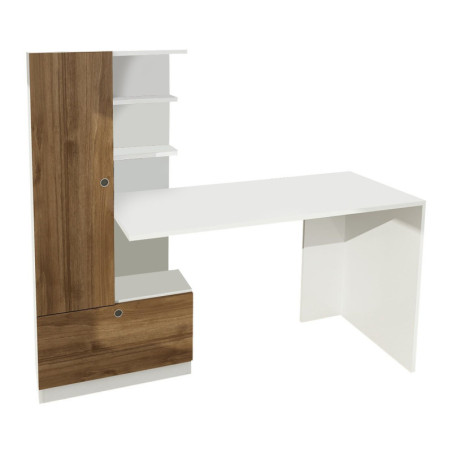 Bureau d'étude avec bibliothèque en panneau mélaminé blanc et noyer 149,5 cm
