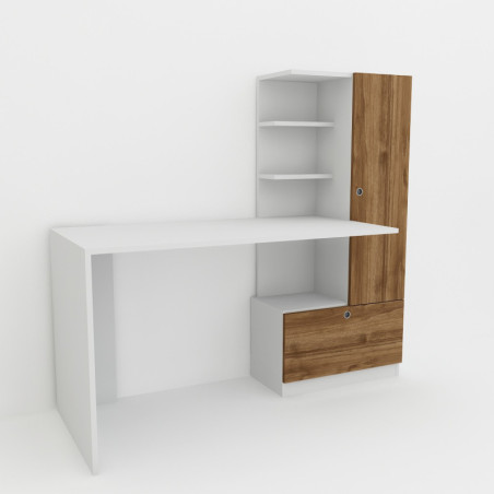 Bureau d'étude avec bibliothèque en panneau mélaminé blanc et noyer 149,5 cm