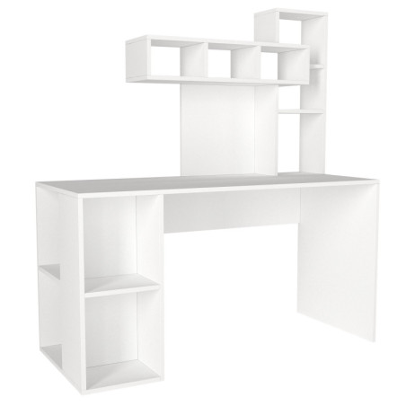 Bureau d'étude avec étagère en panneau mélaminé blanc et doré 140 x 153,8 x 60 cm