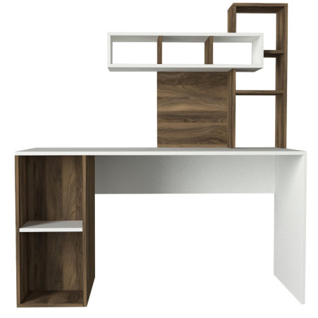 Bureau d'étude avec étagère en panneau mélaminé blanc et noyer 140 x 153,8 x 60 cm