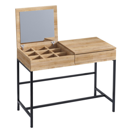 Coiffeuse en panneaux de particules mélaminés décor chêne et métal noir - Miroir et rangements
