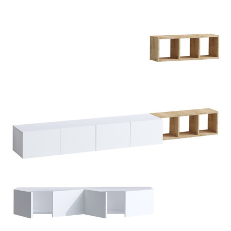 Meuble TV en bois MDF mélaminé blanc et décor chêne - 182 x 25 x 32 cm - Nombreux rangements