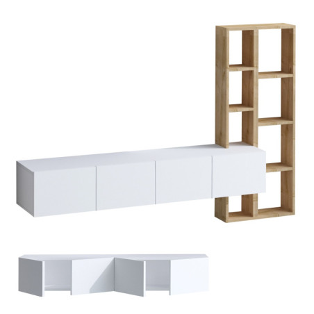 Meuble TV en bois MDF mélaminé blanc et décor chêne - 182 x 25 x 32 cm - Nombreux rangements