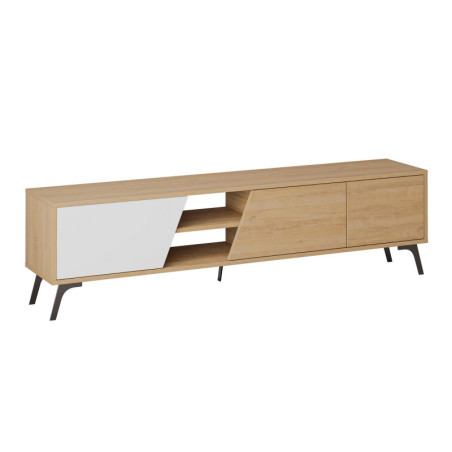 Meuble TV Banc TV en bois MDF mélaminé chêne et blanc largeur 180 cm fermeture douce style scandinave