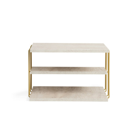 Table d'appoint Bout de canapé Bois MDF mélaminé Effet Travertin et Métal Doré L 50 cm Industriel