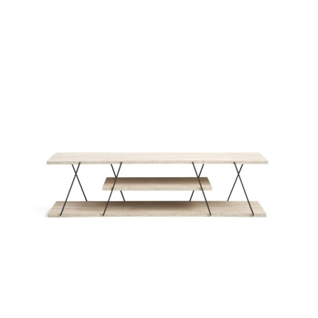 Meuble TV Banc TV Bois MDF mélaminé Effet Travertin et cadre Métal Noir L 120 cm