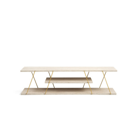 Meuble TV Banc TV Bois MDF mélaminé Effet Travertin et cadre Métal Doré L 120 cm Moderne