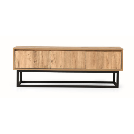Meuble TV Banc TV Bois MDF mélaminé Pin et Noir avec pieds Métal L 140 cm Industriel