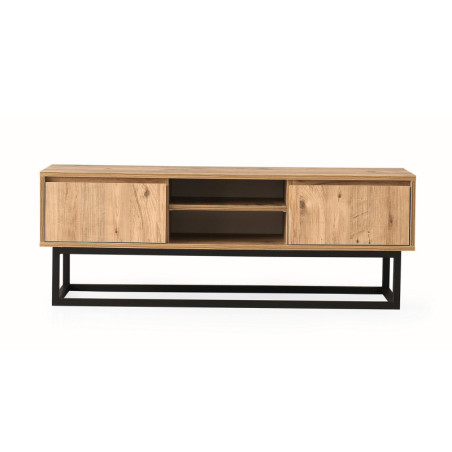 Meuble TV Banc TV Bois MDF mélaminé Pin et Noir avec pieds Métal L 180 cm Industriel