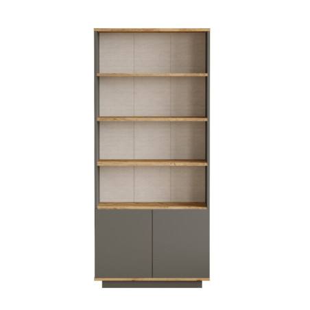 Bibliothèque Étagère en bois MDF mélaminé pin atlantique et anthracite H 168,3 cm avec portes push Moderne