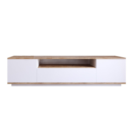Meuble TV Banc télévision en bois MDF mélaminé pin atlantique et blanc L 180 cm avec portes push Scandinave