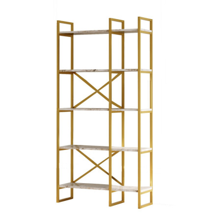 Bibliothèque Étagère en bois MDF mélaminé effet marbre blanc et métal doré H 175 cm