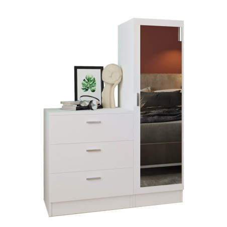 Armoire polyvalente Meuble de rangement en bois MDF mélaminé blanc avec commode 3 tiroirs et cadre métal