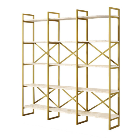 Bibliothèque Étagère en bois MDF mélaminé effet marbre blanc et métal doré L 170 cm