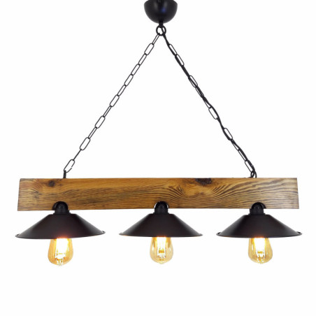 Suspension Luminaire en pin massif noyer et noir L 80 cm 3 lumières E27 40 W IP20 Industriel Rustique