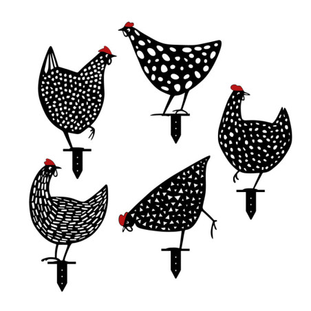 Décoration de jardin Figurines poules en métal noir lot de 5 jusqu'à H 30 cm