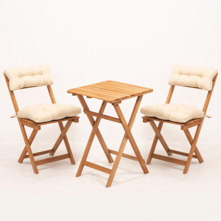 Salon de jardin Ensemble table et 2 chaises en bois de hêtre naturel et crème 3 pièces