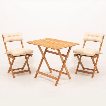 Salon de jardin Ensemble table et 2 chaises en bois de hêtre naturel et crème 3 pièces table 80 x 60 cm