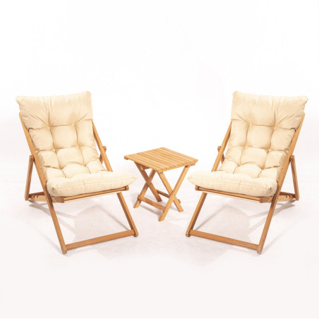Salon de jardin Ensemble table basse et 2 chaises en bois de hêtre marron et crème 3 pièces