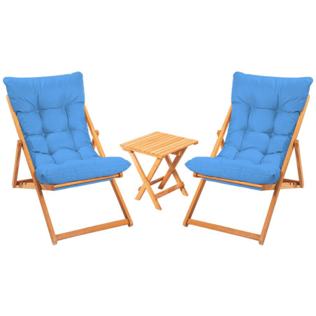 Salon de jardin Ensemble table basse et 2 chaises en bois de hêtre bleu et naturel 3 pièces