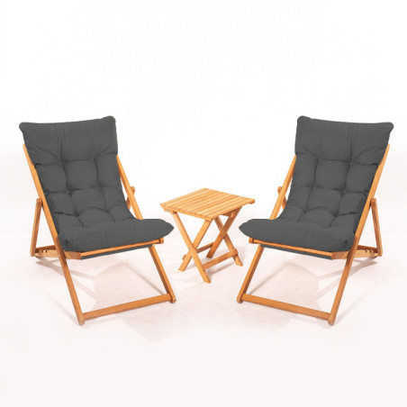 Salon de jardin Ensemble table basse et 2 chaises en bois de hêtre gris et naturel 3 pièces