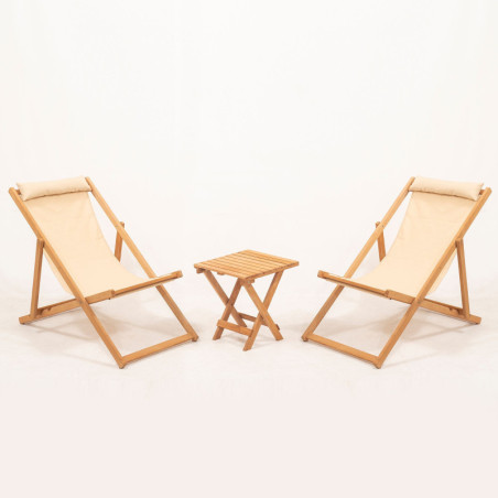 Salon de jardin Ensemble table basse et 2 chaises en bois de charme crème 3 pièces