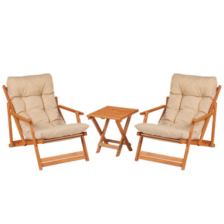 Salon de jardin Ensemble table basse et 2 chaises pliantes en bois de hêtre marron et crème 3 pièces
