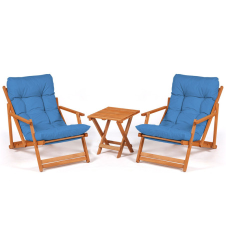 Salon de jardin Ensemble table basse et 2 chaises pliantes en bois de hêtre bleu et naturel 3 pièces