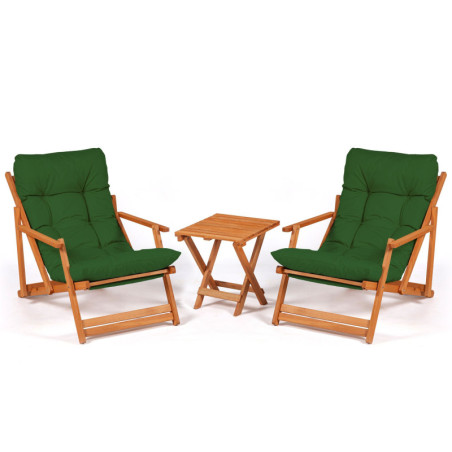 Salon de jardin Ensemble table basse et 2 chaises pliantes en bois de hêtre vert et naturel 3 pièces