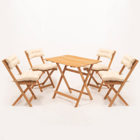 Salon de jardin Ensemble table et 4 chaises en bois de hêtre naturel et crème 5 pièces rustique