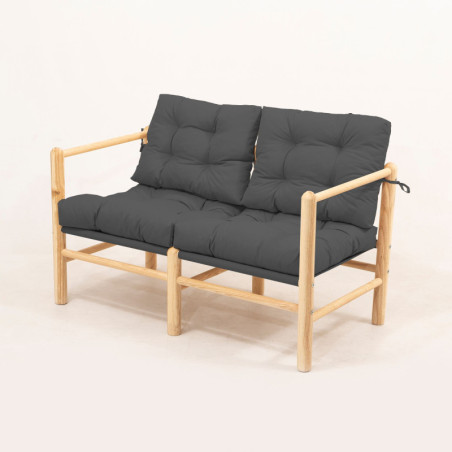 Canapé de jardin 2 places en bois de chêne anthracite 110 x 51 x 86 cm avec coussins